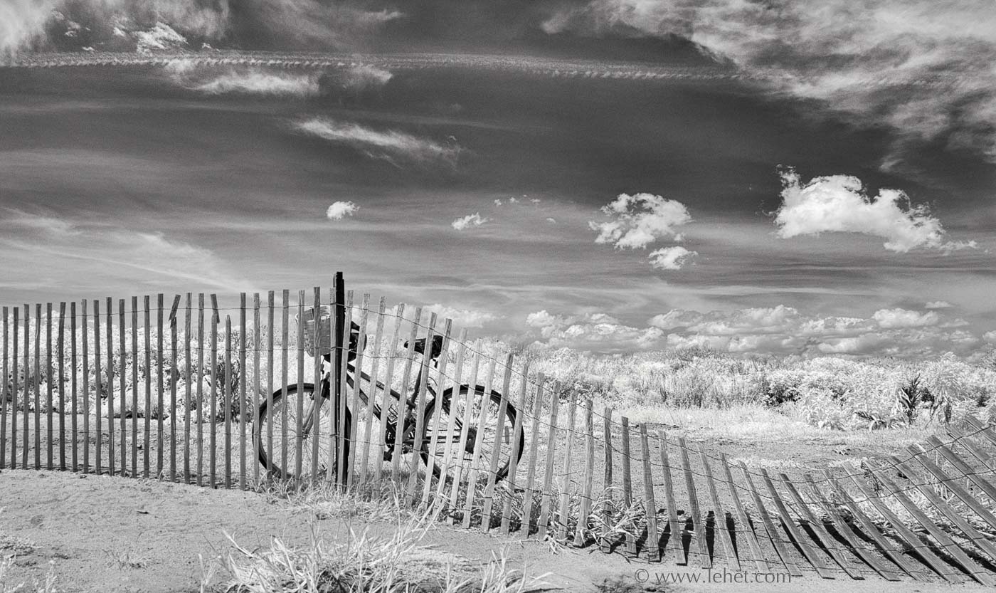 fine art print of bicycle by beach fence in Rhode Island