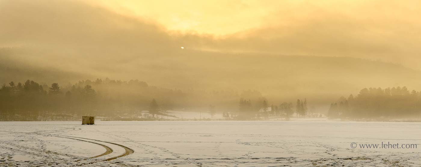 Sunrise over Franklin Hill, Mist, Ice Fishing Huts