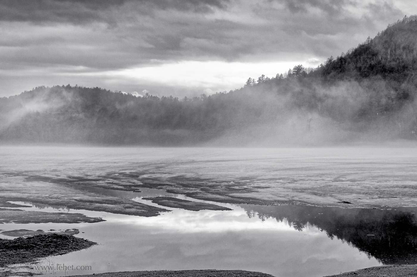 Post Pond, Ice and Mist, Black and White