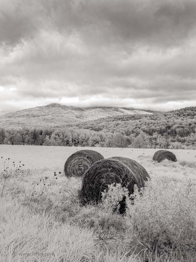 Three Abandoned Hay Bales,Ascutney Mountain,Low Clouds,Infrared