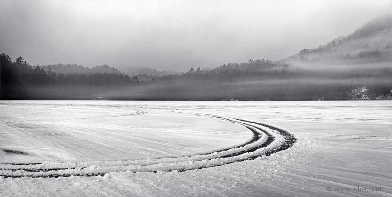 Curved Track on Ice,Hills,Mist Black and White -- Post Pond