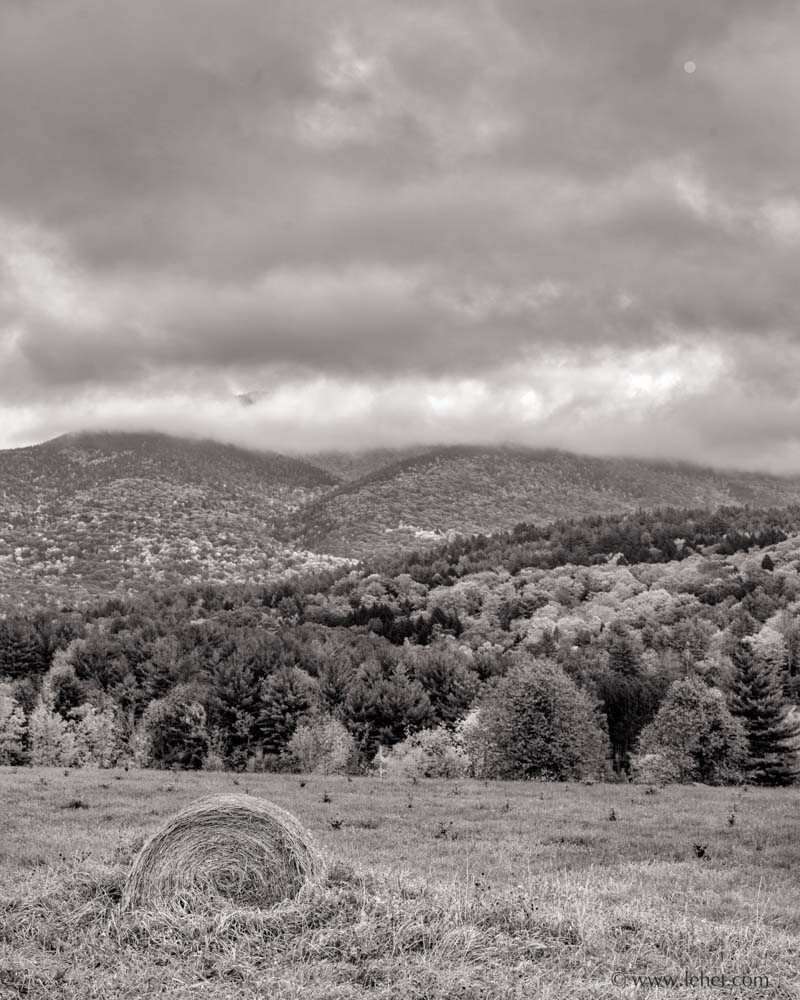 Single Round Hay Bale,Ascutney in Clouds