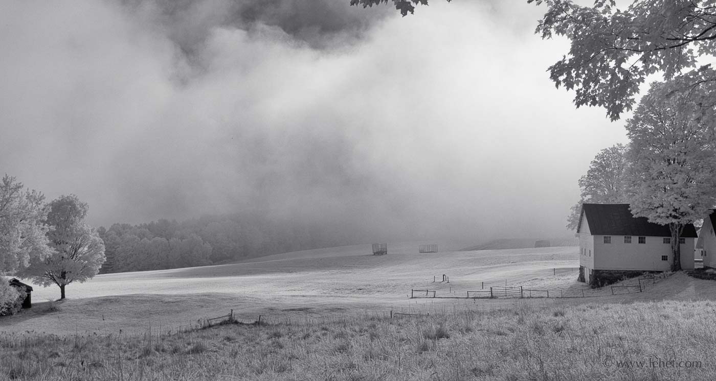 Three Haywagons in Fog, Vermont 2015