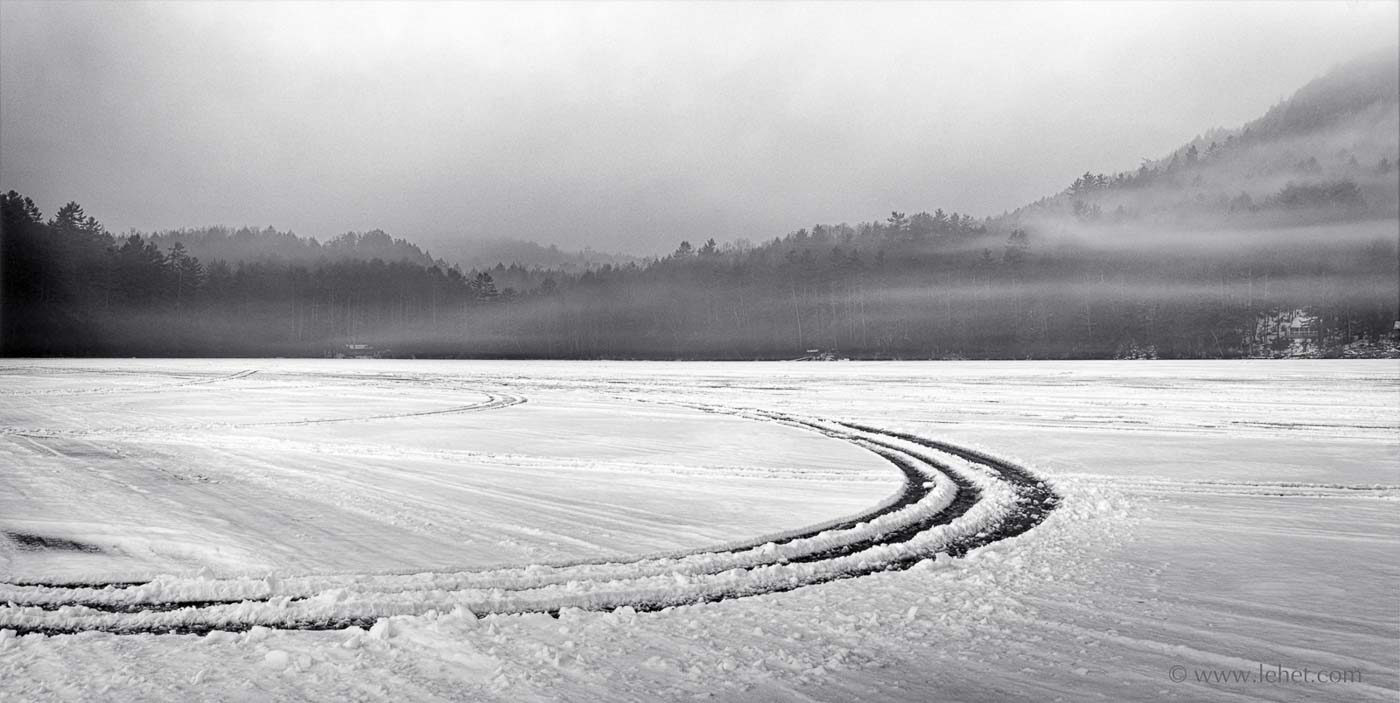 Curved Track on Ice, Hills, Mist Black and White -- Post Pond