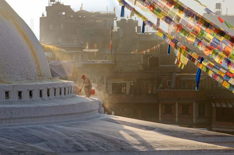 Stupa Cleaner, Dawn, Boudhanath, Nepal