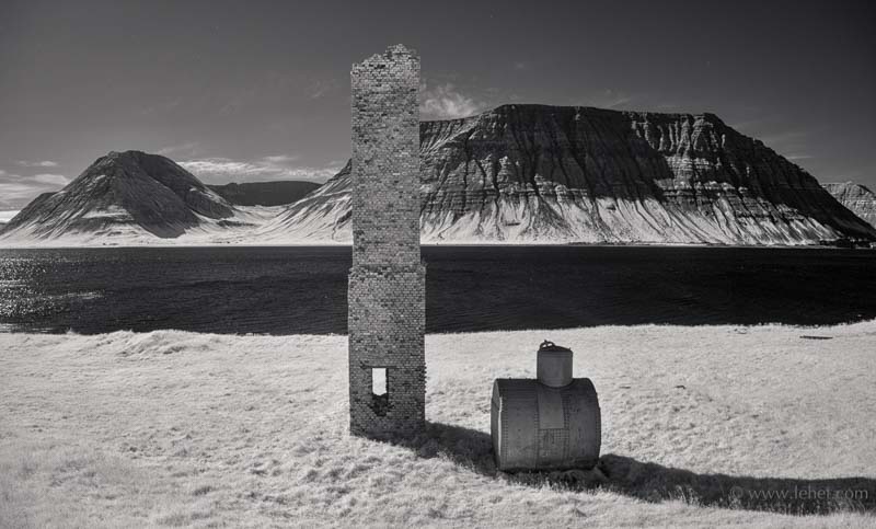 Old Chimney and Mystery Tank by Fjord, Iceland